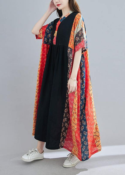 Diy Red Print Tunic V Neck Patchwork Spring Dresses