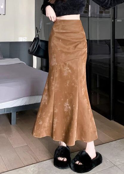 Khaki High Waist Patchwork Silk Velvet Fishtail Skirt Fall