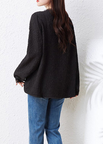 Black V Neck Ruffled Lace Patchwork Top Fall