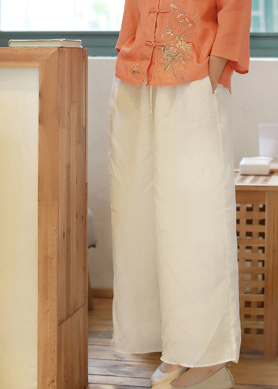 White Elastic Waist Drawstring Pockets Linen Wide Leg Pants Spring