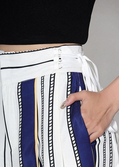 White Striped Tie Waist High Waist Wide Leg Pants