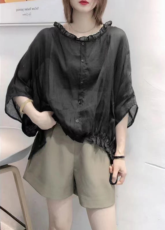 Black Tops Ruffles Trim Half Sleeve Shirts Blouse