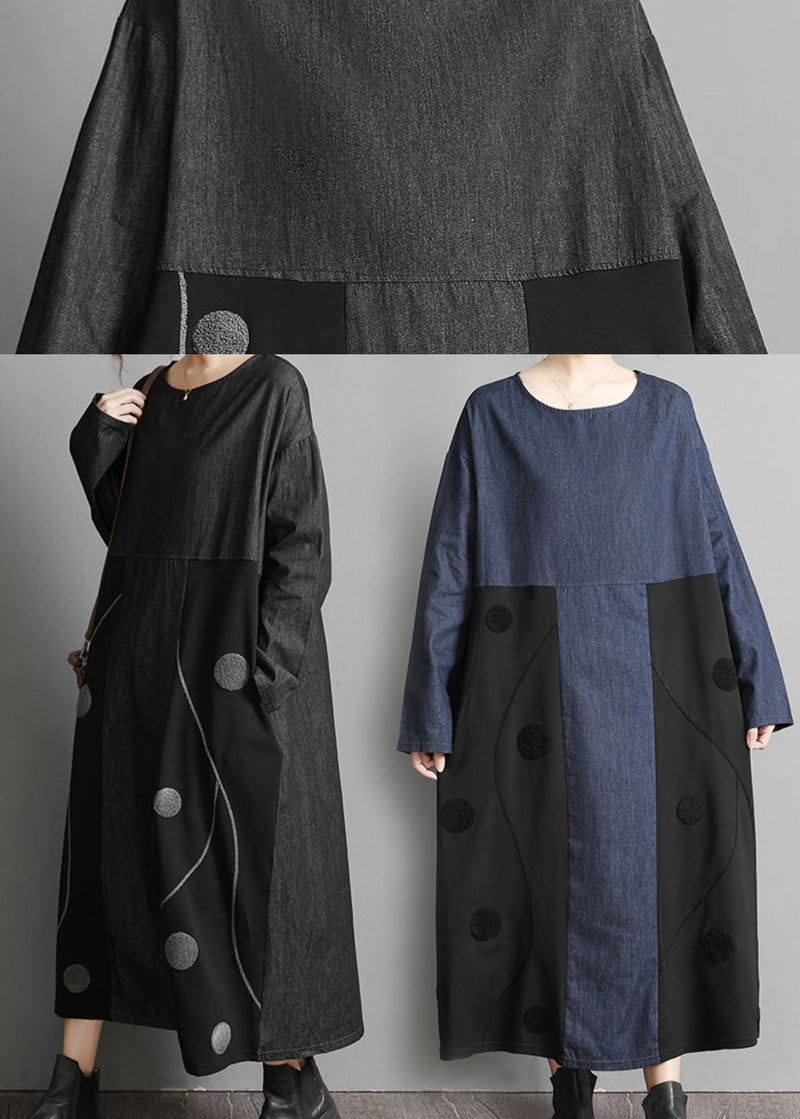 Black Pockets Patchwork Denim Maxi Dresses Embroideried Spring