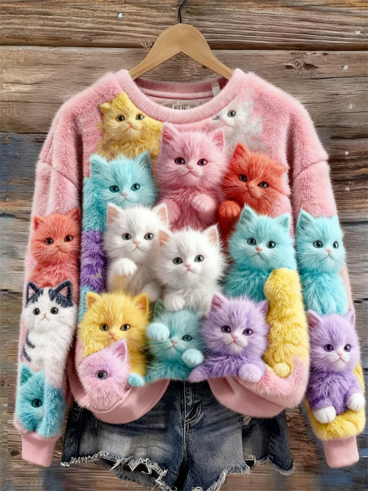 Comstylish Lovely Colorful Fuzzy Cats Cozy Plush Sweatshirt