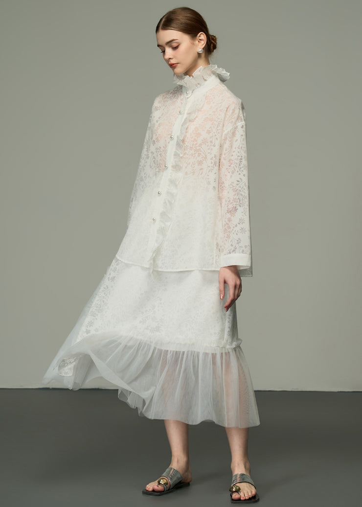 White Ruffled Jacquard Patchwork Silk Shirts Tops Long Sleeve
