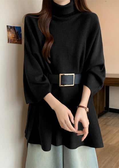 Mustard Yellow Turtleneck Asymmetrical Cozy Cotton Knit Sweaters Spring