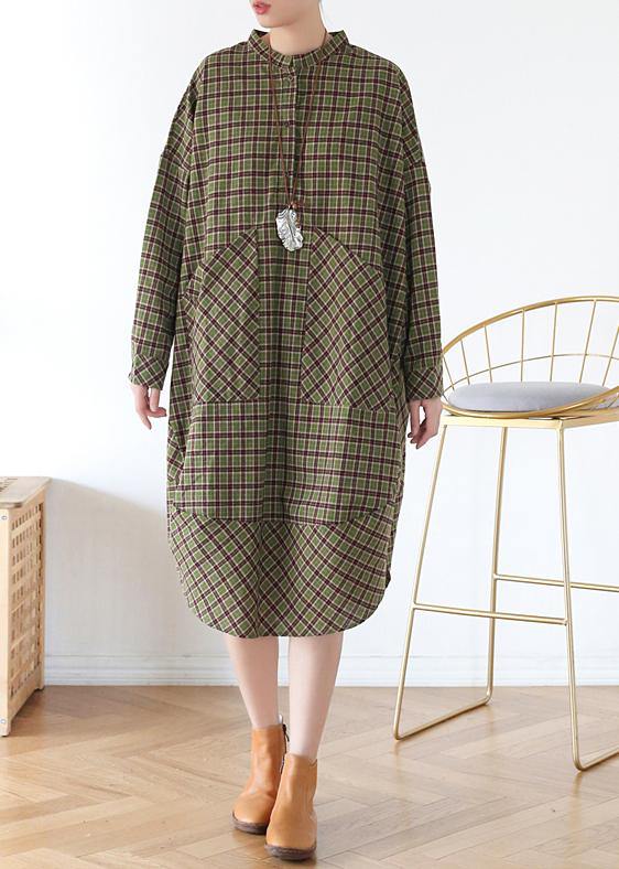 Green Plaid Long Shirt Mid Spring Cotton Dress