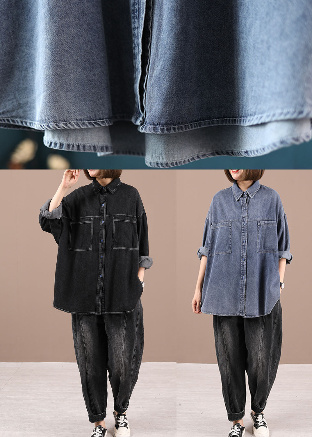 Black Loose Denim Fall Long Sleeve Coat