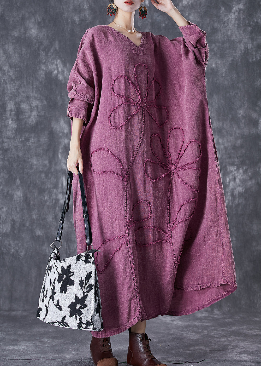 Organic Purple Embroideried Linen Maxi Dresses Fall