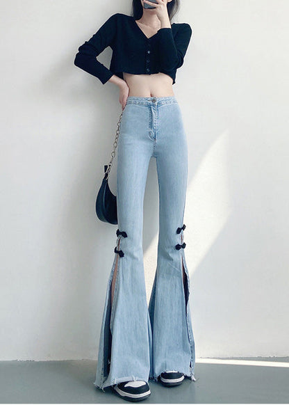 Diy Light Blue Chinese Button Side Open Denim Flare Bottoms Spring