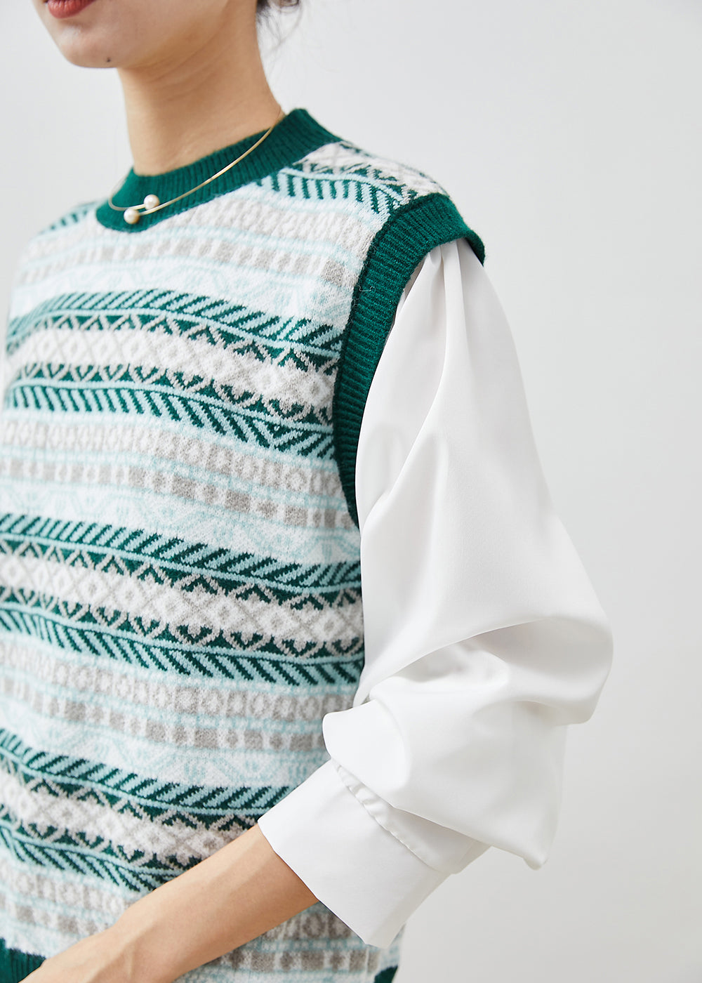 Print Patchwork Knit Fake Two Piece Blouses Spring