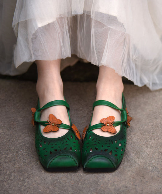 Green Flat Shoes for Cowhide Leather Soft Butterfly Splicing Hollow Out