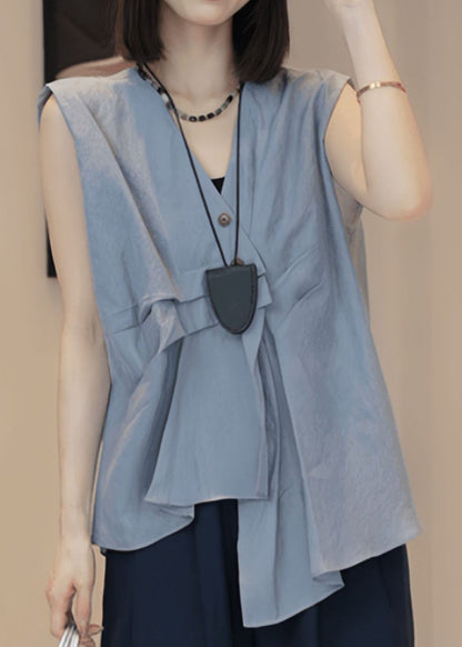 Stylish Blue V Neck Asymmetrical Wrinkled Shirt Sleeveless