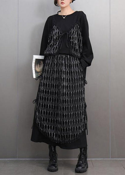 Unique Black O-neck Plaid Patchwork Top and Maxi Skirts Two Piece Set Spring