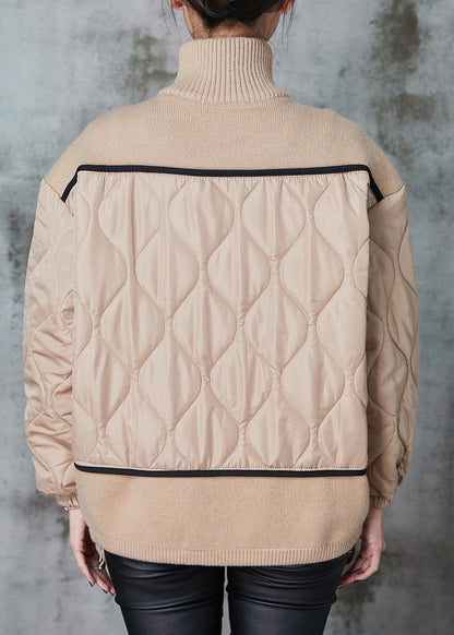 Khaki Stand Collar Patchwork Knit Fine Cotton Filled Coats Spring