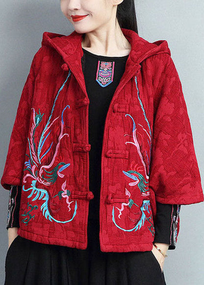 Red Hooded Embroideried Warm Fleece Coat Batwing Sleeve