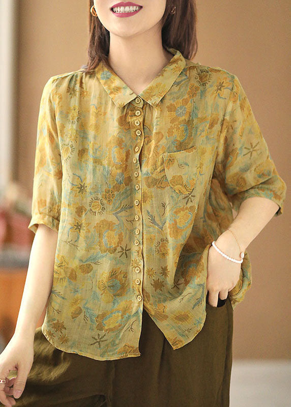 Yellow Peter Pan Collar Print Button Linen Blouse Tops Short Sleeve