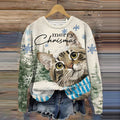 Christmas Cat Print Crew Neck Sweatshirt elevenforest