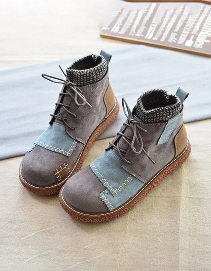Khaki Stitching Handmade Retro Winter Ankle Boots