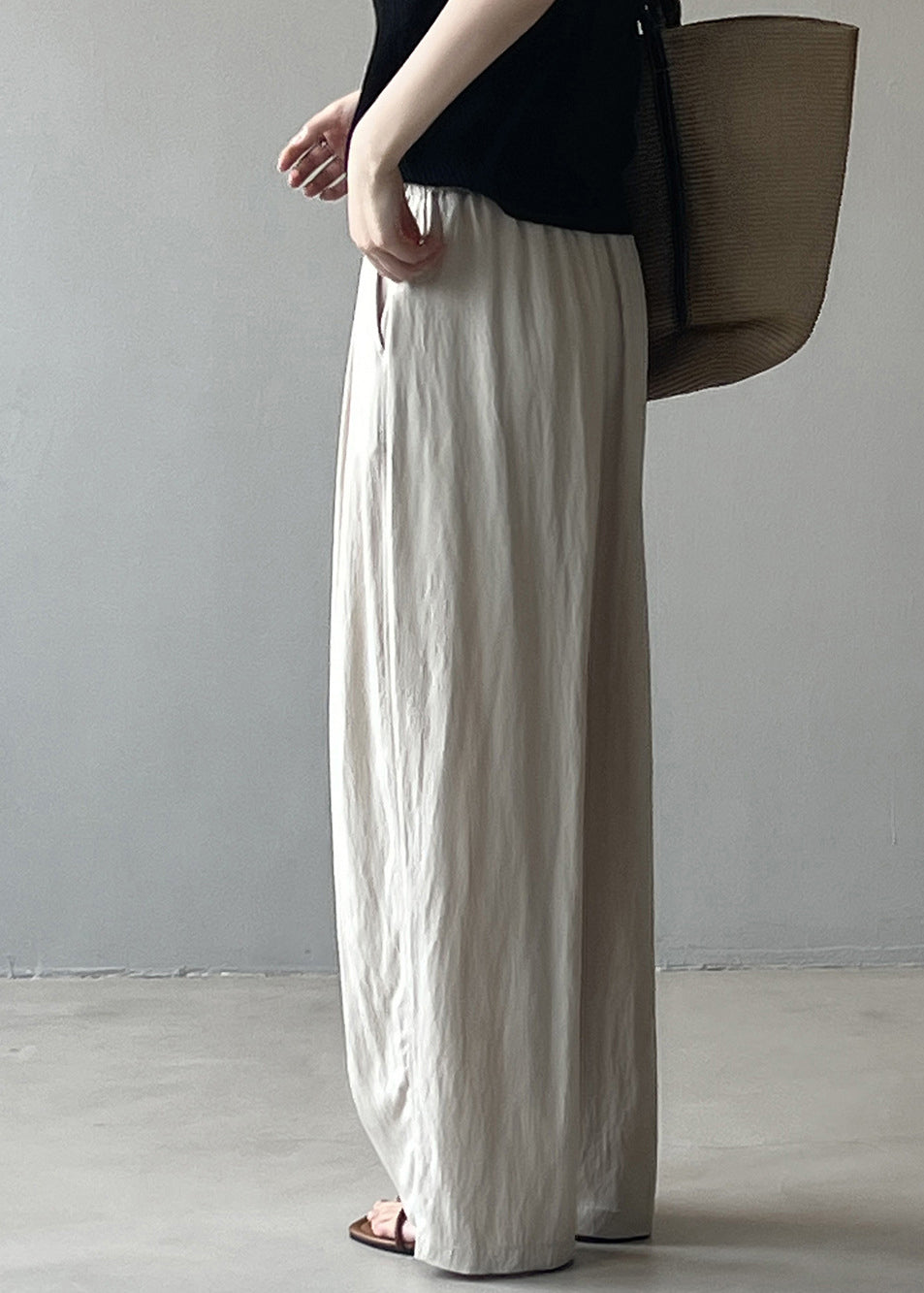 Modern Blue Pockets Elastic Waist Cotton Straight Pants Spring