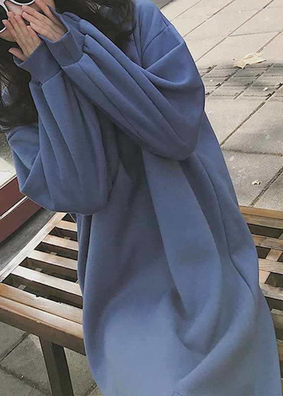 Loose Blue O-neck Patchwork Long a Line Dress Fall
