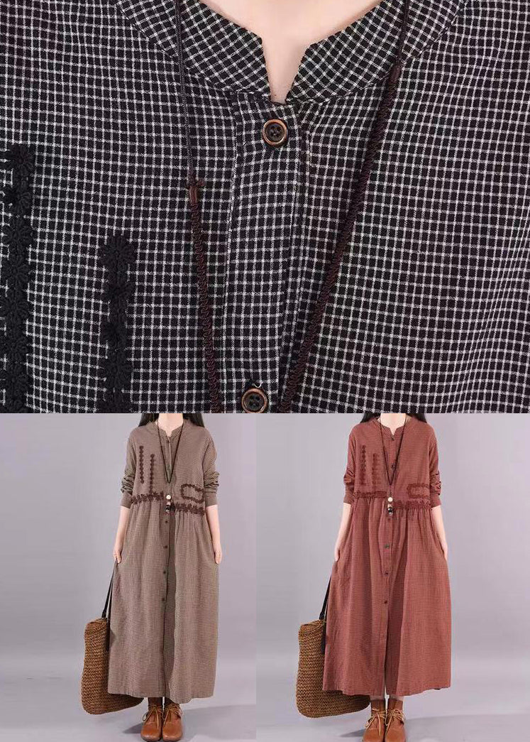 Coffee O Neck Plaid Patchwork Cotton Long Dress Fall