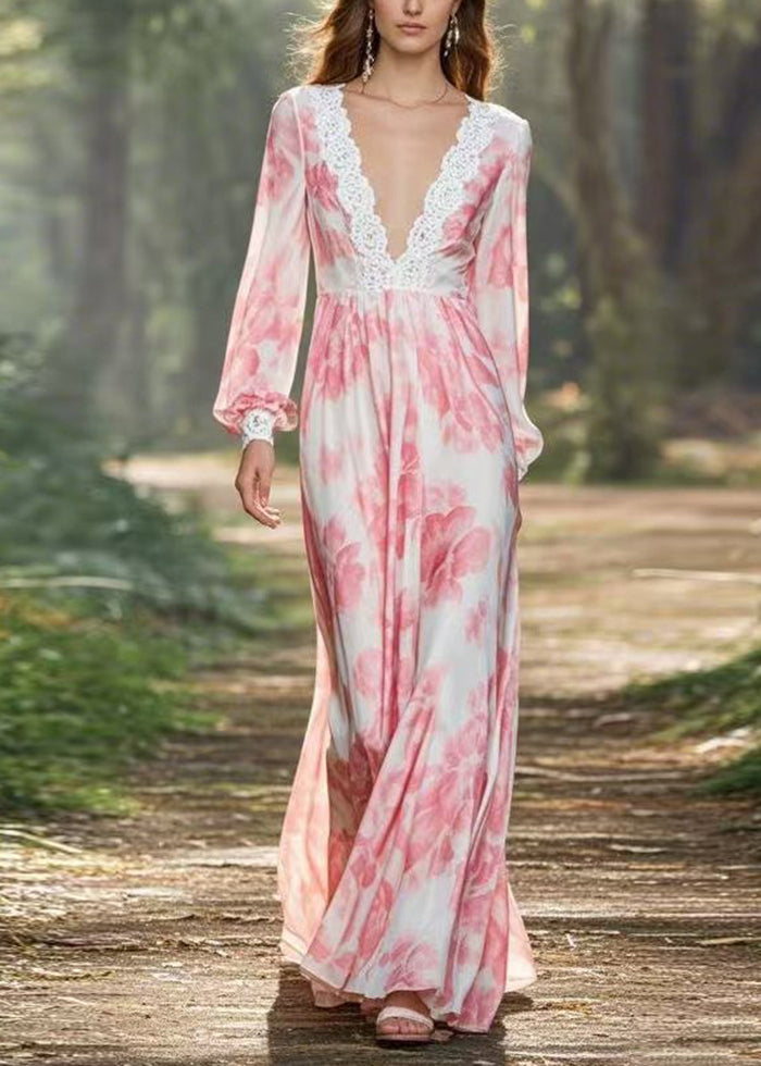 Pink V Neck Print Chiffon Long Dresses Spring