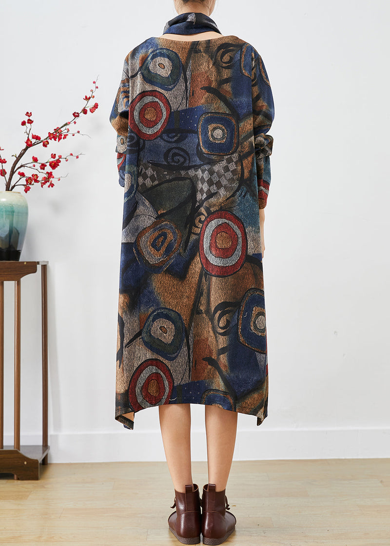 Navy Oversized Print Woolen Dress Two Piece Set Fall