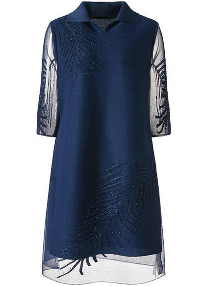 Navy Embroideried Peter Pan Collar Dress Summer