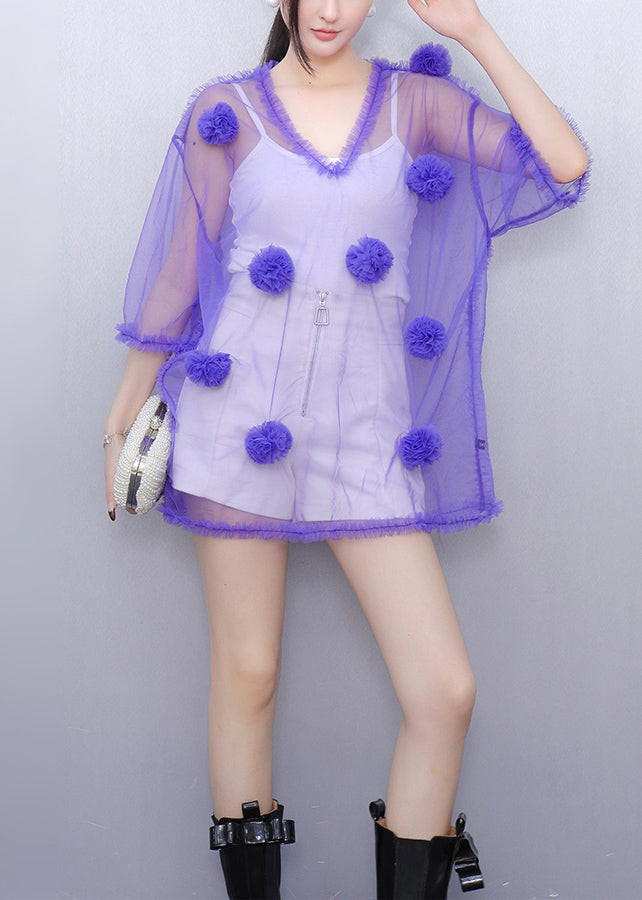 Art Purple V Neck Thin Tulle Tops Summer