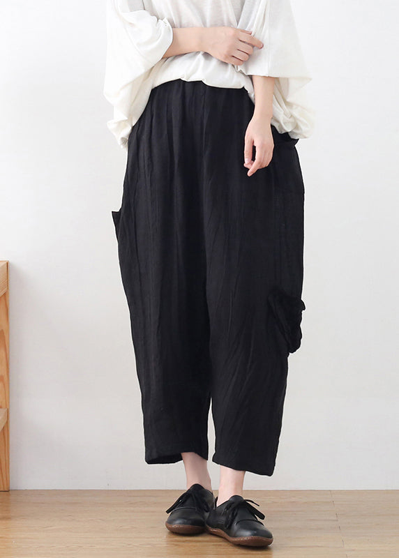 Black High Waist Pockets Linen Wide Leg Pants Summer