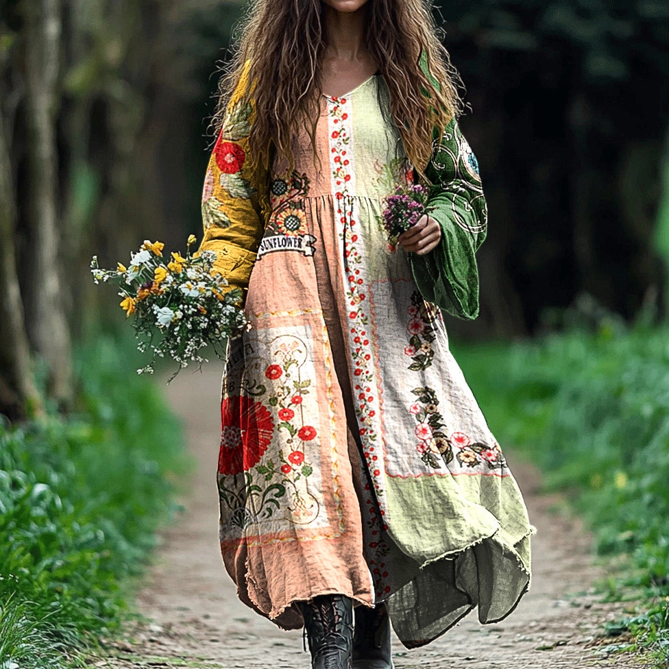 Comstylish Women's Vintage Tribal Floral Art Cotton And Linen Dress