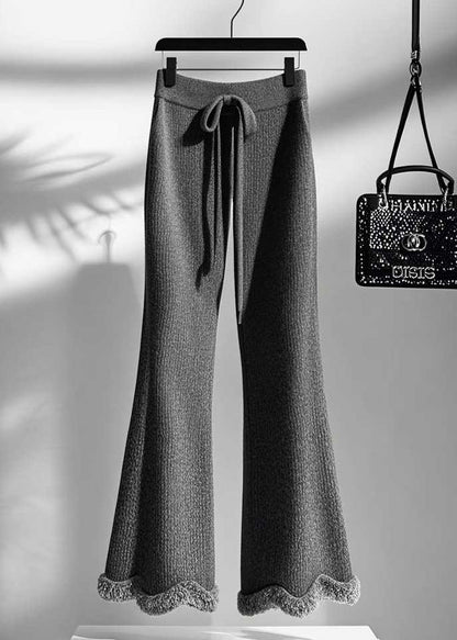 Grey Cozy Elastic Waist Knit Flared Trousers Fall