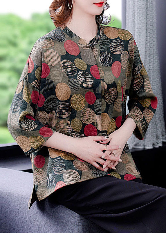 Colorblock O-neck Dot Print Silk Shirt Tops Bracelet Sleeve