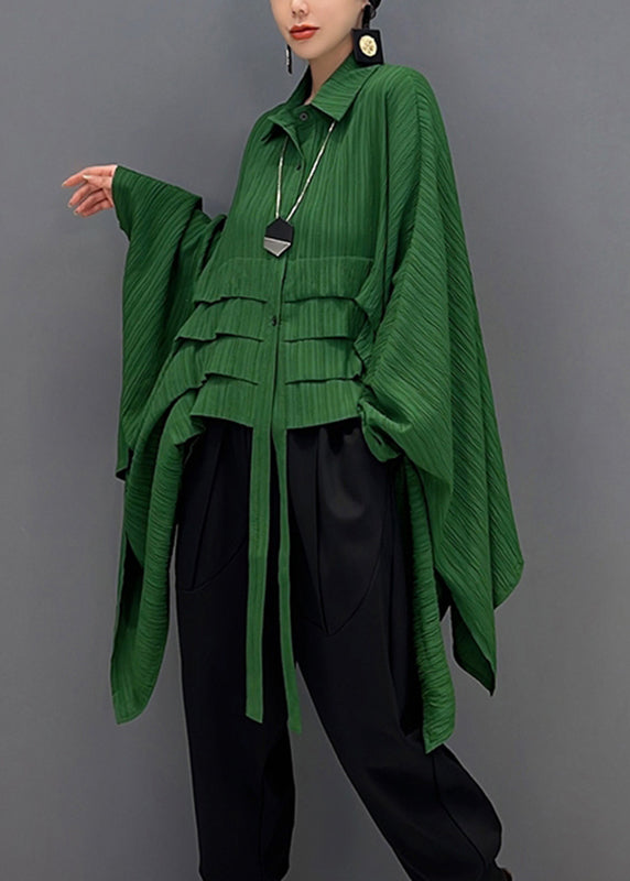Green Peter Pan Collar Asymmetrical Low High Design Button Shirt Long Sleeve