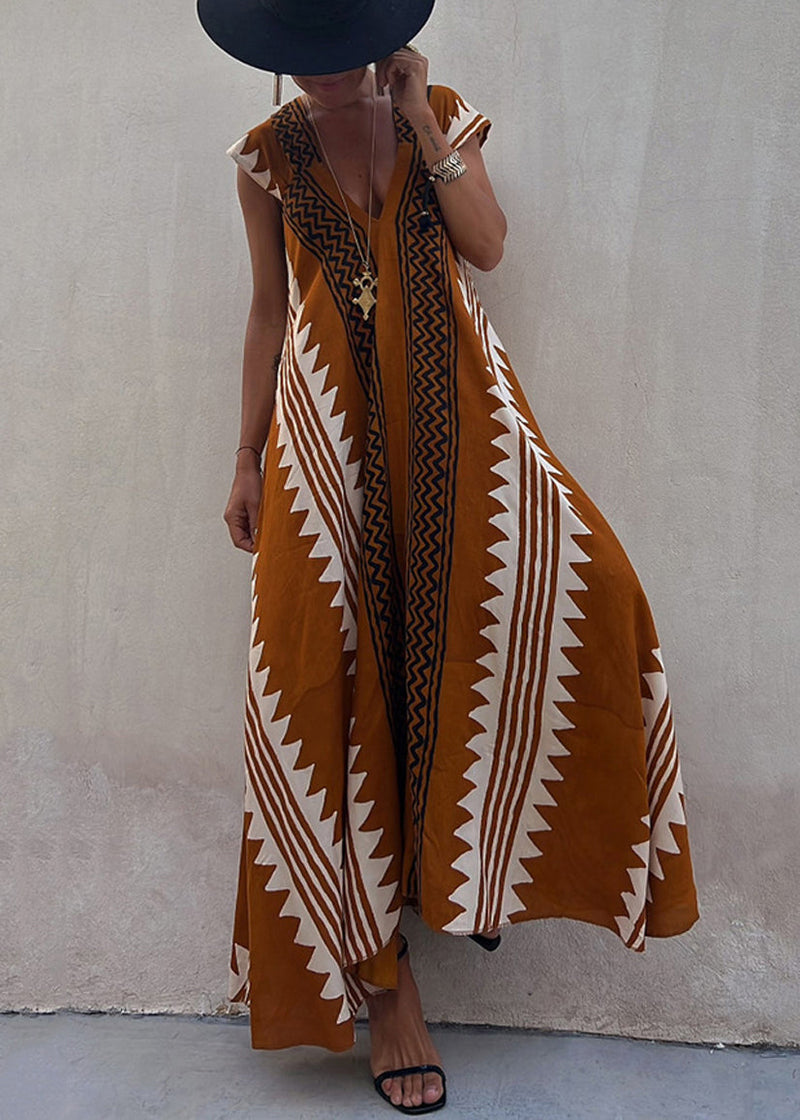 New Coffee Asymmetrical Print Chiffon Long Dresses Summer