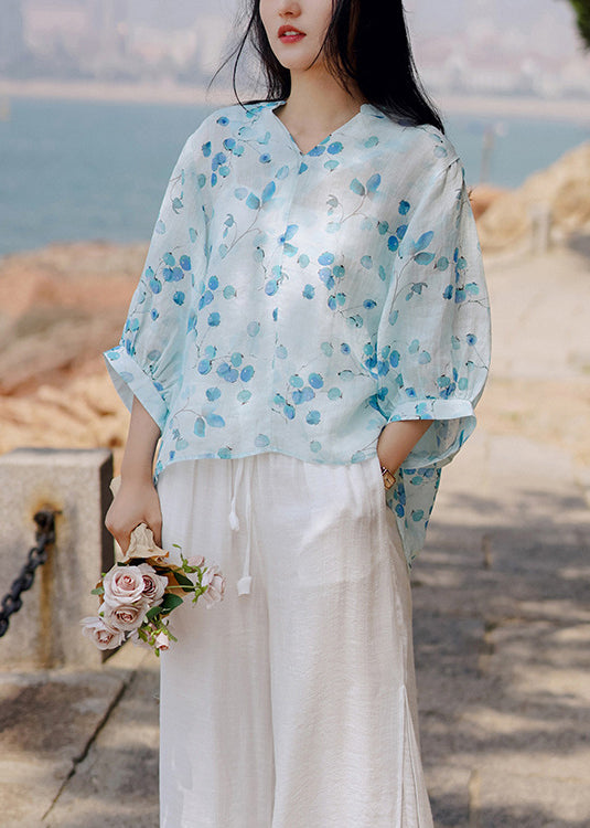 Blue V Neck Print Linen Shirt Tops Lantern Sleeve