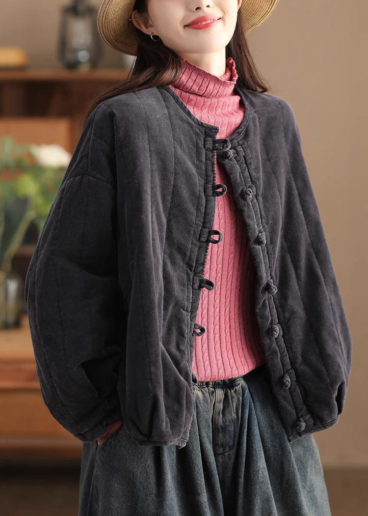 Red O Neck Chinese Button Corduroy Fine Cotton Filled Jacket Winter