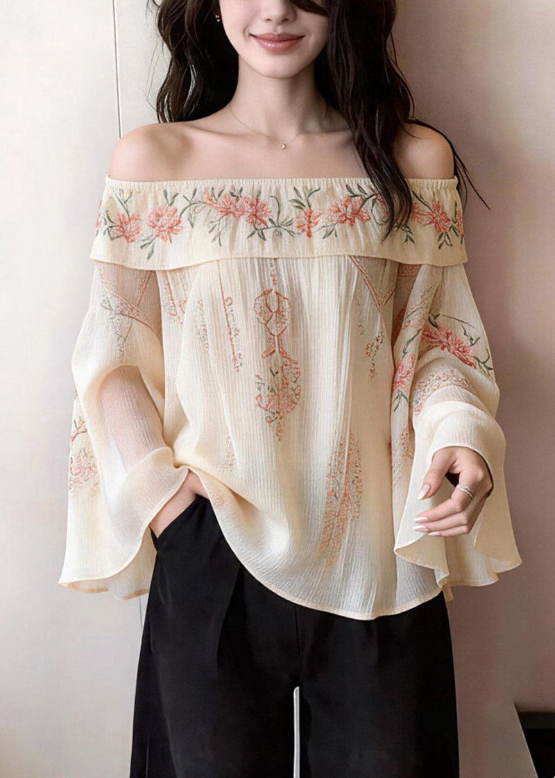 Beige Cold Shoulder Print Cotton Blouses Flare Sleeve