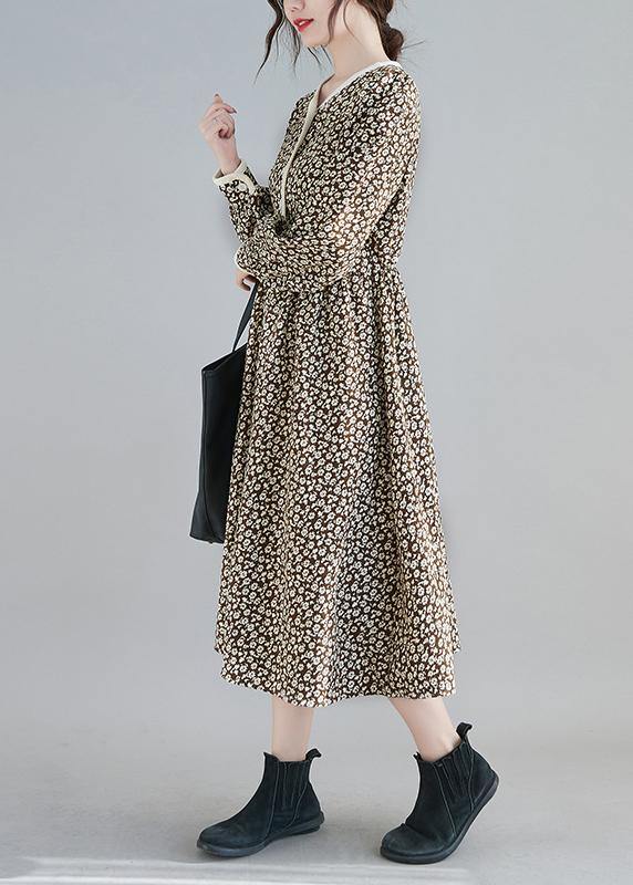 French O Neck Spring Tunics Tunic Khaki Print a Line Dress