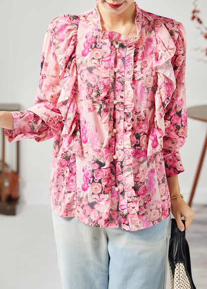 Red Print Patchwork Ruffled Silk Shirt Tops Spring
