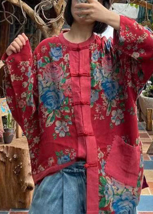 Red O-neck Print Button Pockets Cotton Top Long Sleeve