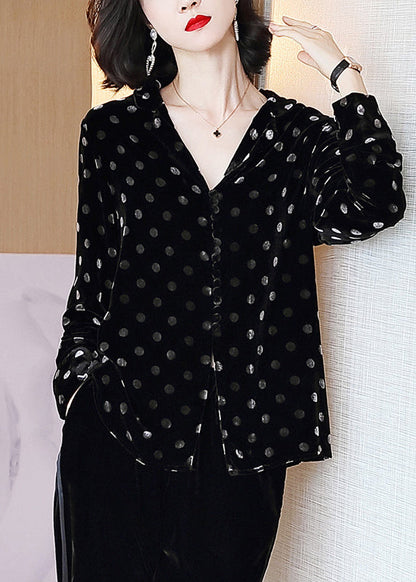 Diy Black V Neck Dot Print Button Velour Shirts Long Sleeve