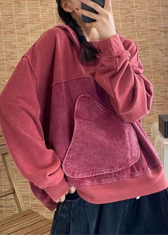 Brick Red Hooded Patchwork Cotton Pullover Top Spring