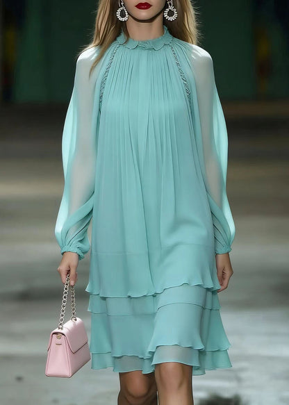 Unique Lake Blue Draping Layered Chiffon Day Dress Spring