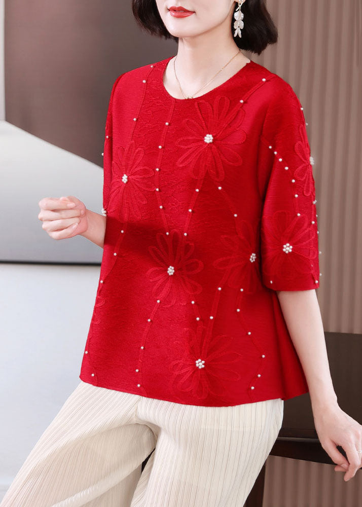 Red Embroideried Nail Bead T Shirts Summer