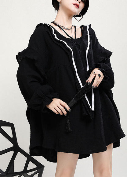 Comfy Black V Neck Ruffles Asymmetrical Design Fall Maxi Dresses Long Sleeve