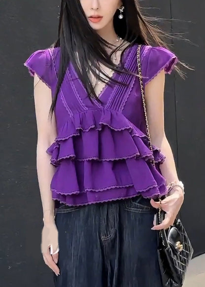 Purple V Neck Lace Layered Cotton T Shirt Summer
