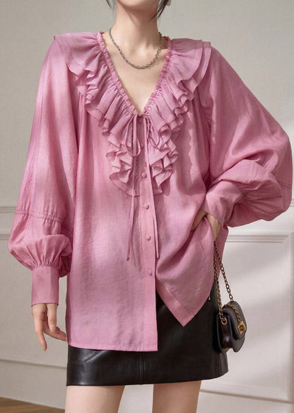 Organic Pink Tie Lace Ruffled Shirt Spring