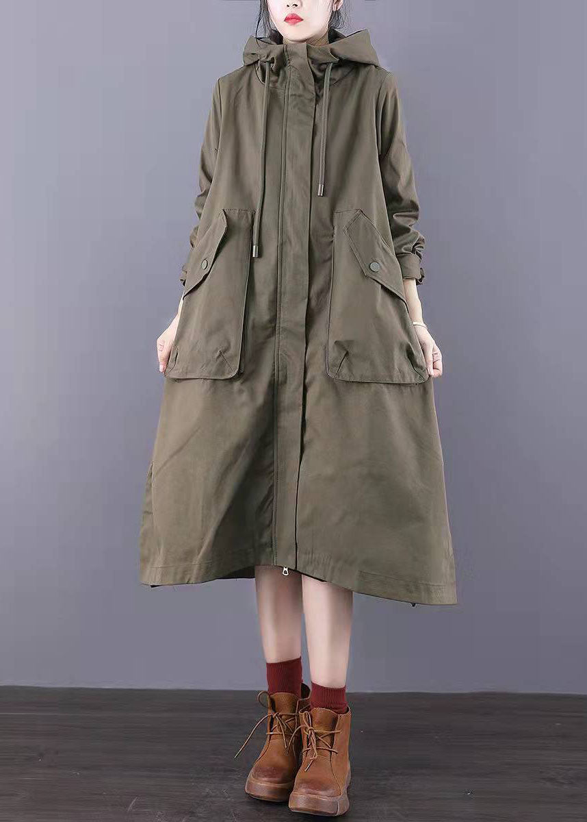 Fitted Army Green Zip Up Pockets Cotton Trench Coats Spring